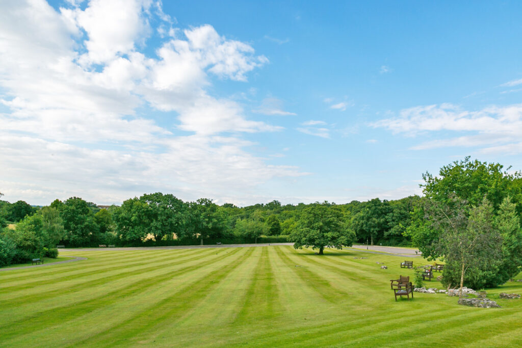 A large lawned area leading to a line of trees in the distance